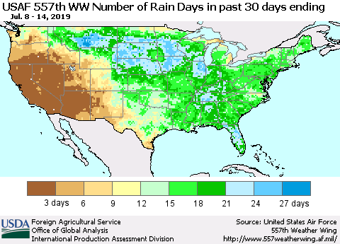United States Number of Rain Days in past 30 days (USAF 557th WW) 07/14/2019 Thematic Map For 7/8/2019 - 7/14/2019