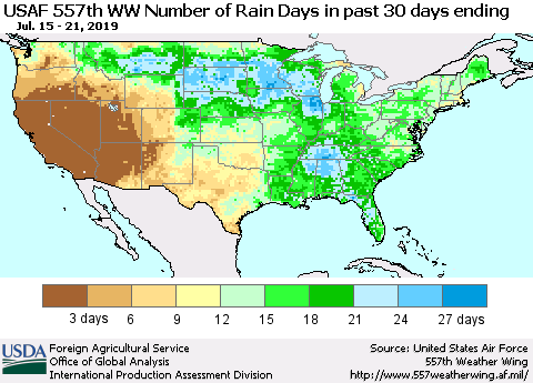 United States Number of Rain Days in past 30 days (USAF 557th WW) 07/21/2019 Thematic Map For 7/15/2019 - 7/21/2019