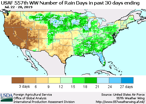 United States Number of Rain Days in past 30 days (USAF 557th WW) 07/28/2019 Thematic Map For 7/22/2019 - 7/28/2019