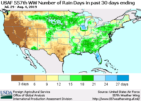 United States Number of Rain Days in past 30 days (USAF 557th WW) 08/04/2019 Thematic Map For 7/29/2019 - 8/4/2019