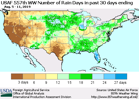 United States Number of Rain Days in past 30 days (USAF 557th WW) 08/11/2019 Thematic Map For 8/5/2019 - 8/11/2019