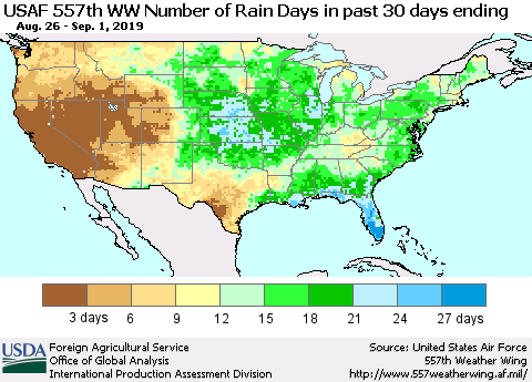 United States Number of Rain Days in past 30 days (USAF 557th WW) 09/01/2019 Thematic Map For 8/26/2019 - 9/1/2019