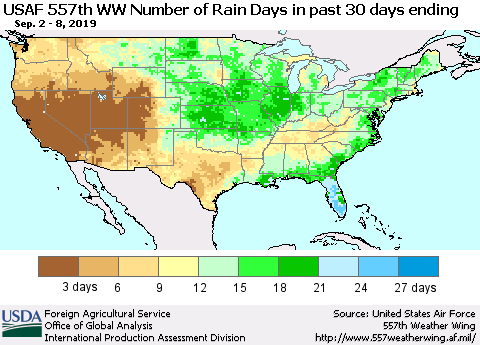 United States Number of Rain Days in past 30 days (USAF 557th WW) 09/08/2019 Thematic Map For 9/2/2019 - 9/8/2019