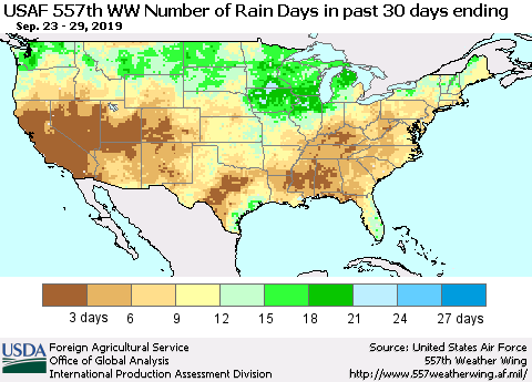 United States Number of Rain Days in past 30 days (USAF 557th WW) 09/29/2019 Thematic Map For 9/23/2019 - 9/29/2019