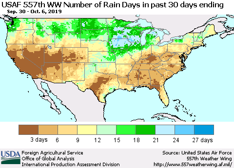 United States Number of Rain Days in past 30 days (USAF 557th WW) 10/06/2019 Thematic Map For 9/30/2019 - 10/6/2019