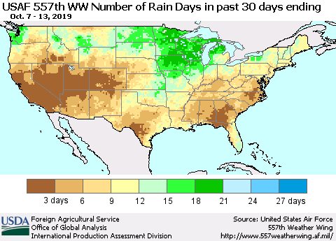 United States Number of Rain Days in past 30 days (USAF 557th WW) 10/13/2019 Thematic Map For 10/7/2019 - 10/13/2019