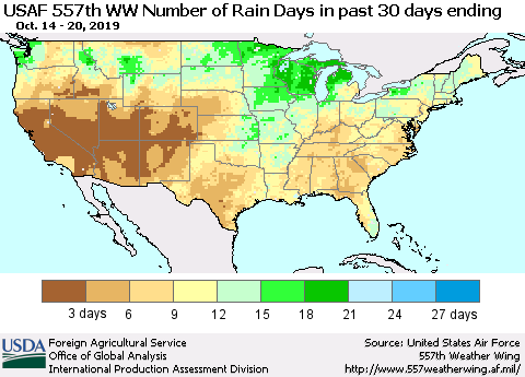 United States Number of Rain Days in past 30 days (USAF 557th WW) 10/20/2019 Thematic Map For 10/14/2019 - 10/20/2019