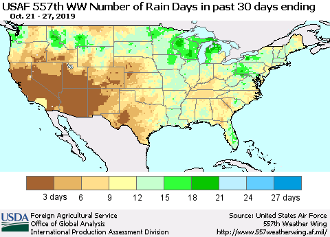United States Number of Rain Days in past 30 days (USAF 557th WW) 10/27/2019 Thematic Map For 10/21/2019 - 10/27/2019