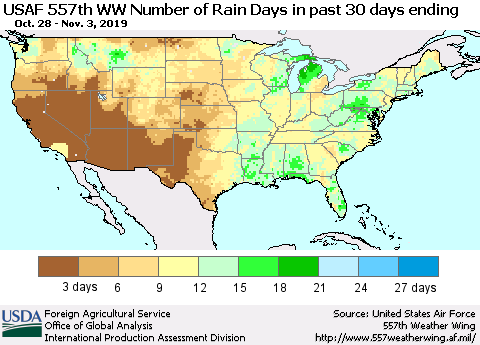 United States Number of Rain Days in past 30 days (USAF 557th WW) 11/03/2019 Thematic Map For 10/28/2019 - 11/3/2019