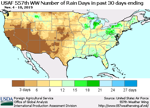 United States Number of Rain Days in past 30 days (USAF 557th WW) 11/10/2019 Thematic Map For 11/4/2019 - 11/10/2019