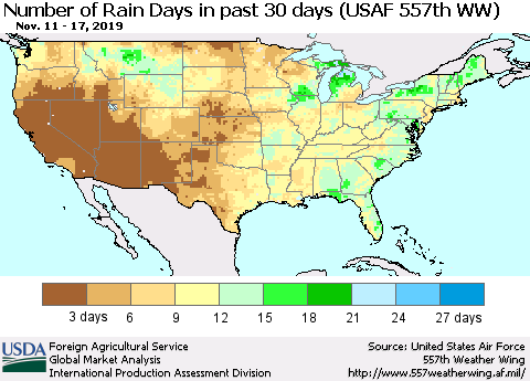 United States Number of Rain Days in past 30 days (USAF 557th WW) 11/17/2019 Thematic Map For 11/11/2019 - 11/17/2019