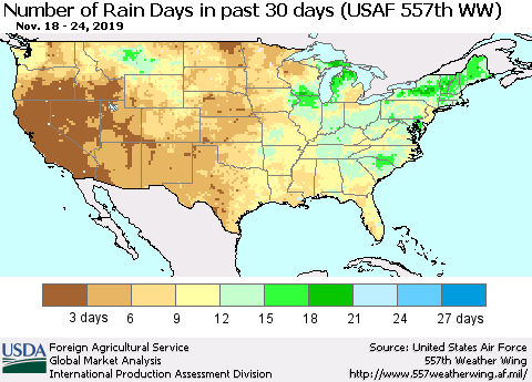 United States Number of Rain Days in past 30 days (USAF 557th WW) 11/24/2019 Thematic Map For 11/18/2019 - 11/24/2019