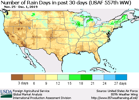 United States Number of Rain Days in past 30 days (USAF 557th WW) 12/01/2019 Thematic Map For 11/25/2019 - 12/1/2019