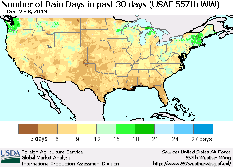 United States Number of Rain Days in past 30 days (USAF 557th WW) 12/08/2019 Thematic Map For 12/2/2019 - 12/8/2019
