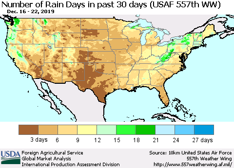 United States Number of Rain Days in past 30 days (USAF 557th WW) 12/22/2019 Thematic Map For 12/16/2019 - 12/22/2019