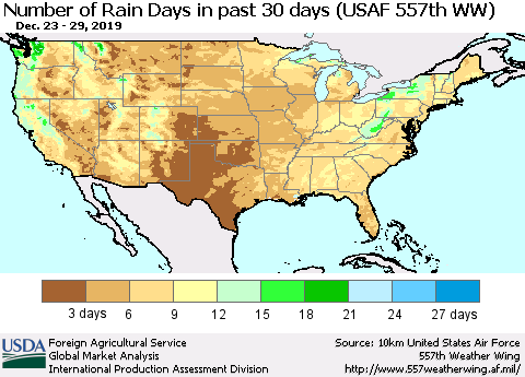 United States Number of Rain Days in past 30 days (USAF 557th WW) 12/29/2019 Thematic Map For 12/23/2019 - 12/29/2019
