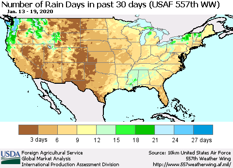 United States Number of Rain Days in past 30 days (USAF 557th WW) 01/19/2020 Thematic Map For 1/13/2020 - 1/19/2020