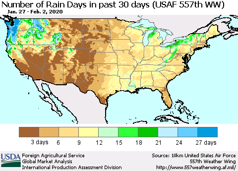 United States Number of Rain Days in past 30 days (USAF 557th WW) 02/02/2020 Thematic Map For 1/27/2020 - 2/2/2020