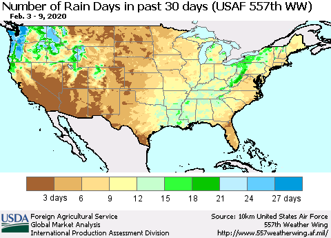 United States Number of Rain Days in past 30 days (USAF 557th WW) 02/09/2020 Thematic Map For 2/3/2020 - 2/9/2020