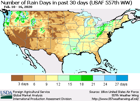 United States Number of Rain Days in past 30 days (USAF 557th WW) 02/16/2020 Thematic Map For 2/10/2020 - 2/16/2020