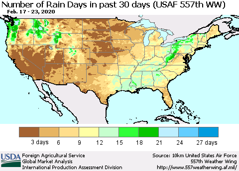 United States Number of Rain Days in past 30 days (USAF 557th WW) 02/23/2020 Thematic Map For 2/17/2020 - 2/23/2020