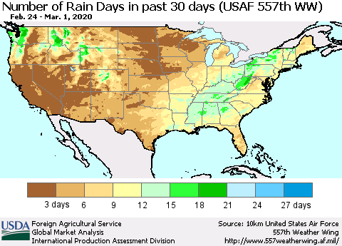 United States Number of Rain Days in past 30 days (USAF 557th WW) 03/01/2020 Thematic Map For 2/24/2020 - 3/1/2020