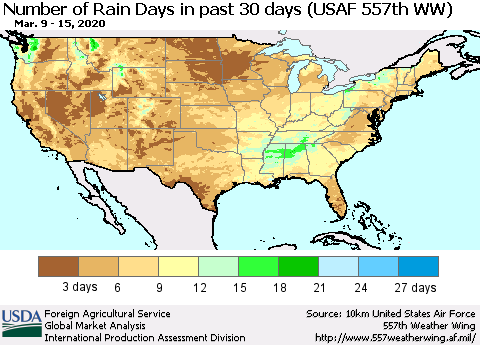 United States Number of Rain Days in past 30 days (USAF 557th WW) 03/15/2020 Thematic Map For 3/9/2020 - 3/15/2020