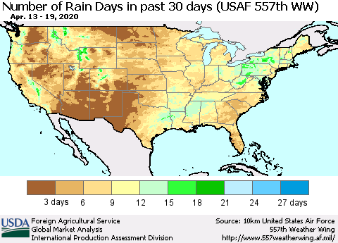 United States Number of Rain Days in past 30 days (USAF 557th WW) 04/19/2020 Thematic Map For 4/13/2020 - 4/19/2020