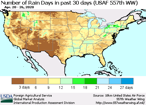 United States Number of Rain Days in past 30 days (USAF 557th WW) 04/26/2020 Thematic Map For 4/20/2020 - 4/26/2020