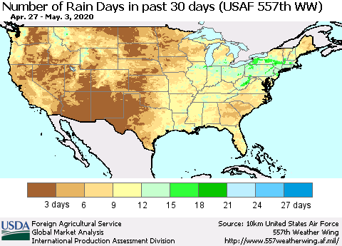 United States Number of Rain Days in past 30 days (USAF 557th WW) 05/03/2020 Thematic Map For 4/27/2020 - 5/3/2020