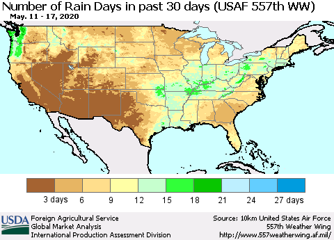 United States Number of Rain Days in past 30 days (USAF 557th WW) 05/17/2020 Thematic Map For 5/11/2020 - 5/17/2020