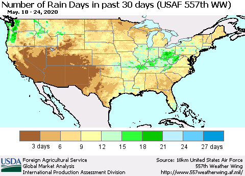United States Number of Rain Days in past 30 days (USAF 557th WW) 05/24/2020 Thematic Map For 5/18/2020 - 5/24/2020