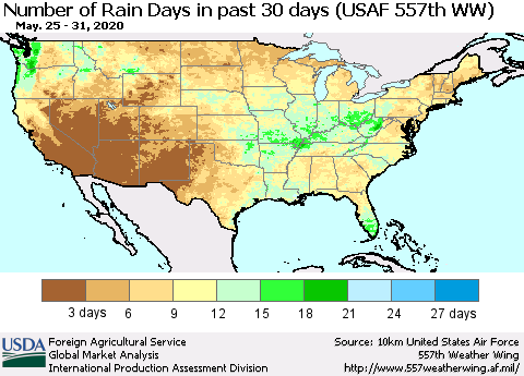 United States Number of Rain Days in past 30 days (USAF 557th WW) 05/31/2020 Thematic Map For 5/25/2020 - 5/31/2020