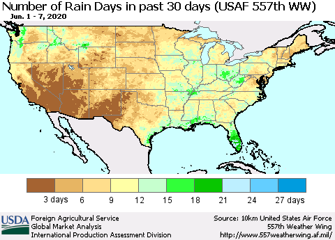 United States Number of Rain Days in past 30 days (USAF 557th WW) 06/07/2020 Thematic Map For 6/1/2020 - 6/7/2020