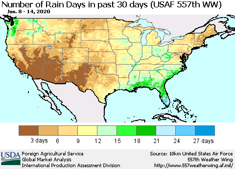 United States Number of Rain Days in past 30 days (USAF 557th WW) 06/14/2020 Thematic Map For 6/8/2020 - 6/14/2020