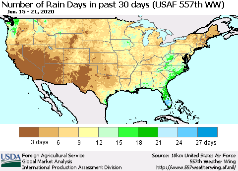 United States Number of Rain Days in past 30 days (USAF 557th WW) 06/21/2020 Thematic Map For 6/15/2020 - 6/21/2020