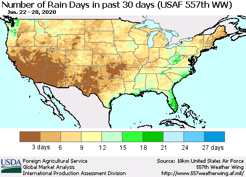 United States Number of Rain Days in past 30 days (USAF 557th WW) 06/28/2020 Thematic Map For 6/22/2020 - 6/28/2020
