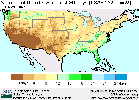 United States Number of Rain Days in past 30 days (USAF 557th WW) 07/05/2020 Thematic Map For 6/29/2020 - 7/5/2020