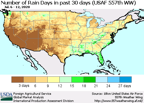 United States Number of Rain Days in past 30 days (USAF 557th WW) 07/12/2020 Thematic Map For 7/6/2020 - 7/12/2020
