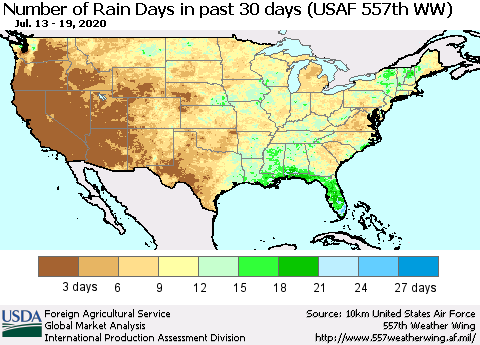 United States Number of Rain Days in past 30 days (USAF 557th WW) 07/19/2020 Thematic Map For 7/13/2020 - 7/19/2020