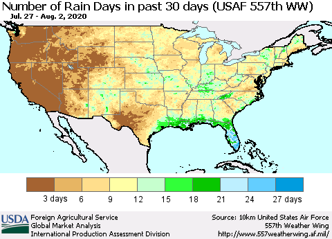 United States Number of Rain Days in past 30 days (USAF 557th WW) 08/02/2020 Thematic Map For 7/27/2020 - 8/2/2020