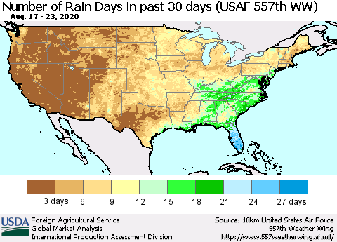United States Number of Rain Days in past 30 days (USAF 557th WW) 08/23/2020 Thematic Map For 8/17/2020 - 8/23/2020