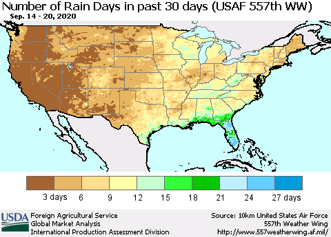United States Number of Rain Days in past 30 days (USAF 557th WW) 09/20/2020 Thematic Map For 9/14/2020 - 9/20/2020