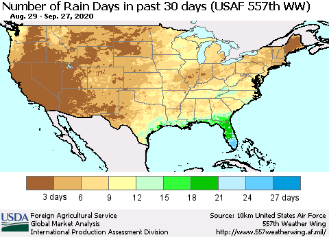 United States Number of Rain Days in past 30 days (USAF 557th WW) 09/27/2020 Thematic Map For 9/21/2020 - 9/27/2020