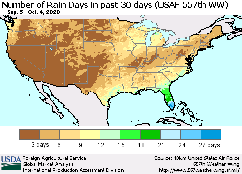United States Number of Rain Days in past 30 days (USAF 557th WW) 10/04/2020 Thematic Map For 9/28/2020 - 10/4/2020