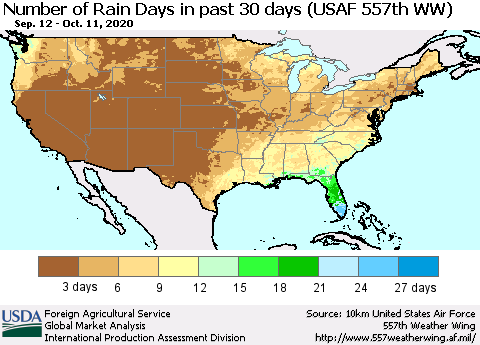 United States Number of Rain Days in past 30 days (USAF 557th WW) 10/11/2020 Thematic Map For 10/5/2020 - 10/11/2020