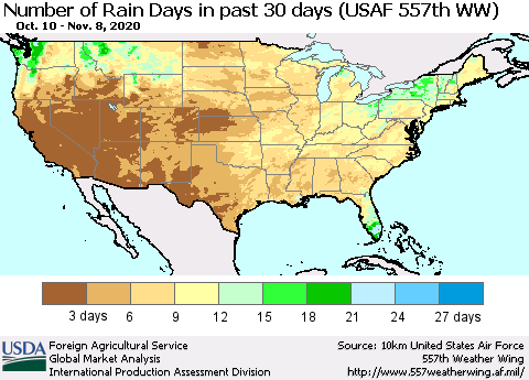 United States Number of Rain Days in past 30 days (USAF 557th WW) 11/08/2020 Thematic Map For 11/2/2020 - 11/8/2020