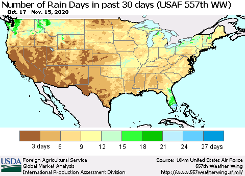 United States Number of Rain Days in past 30 days (USAF 557th WW) 11/15/2020 Thematic Map For 11/9/2020 - 11/15/2020