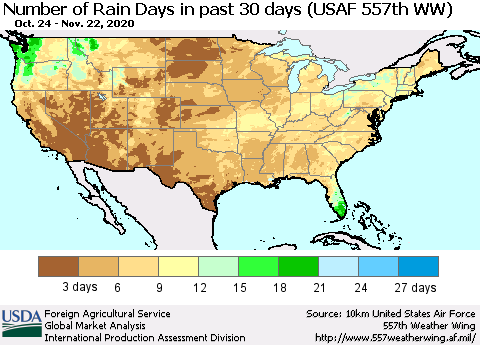 United States Number of Rain Days in past 30 days (USAF 557th WW) 11/22/2020 Thematic Map For 11/16/2020 - 11/22/2020