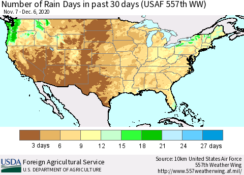 United States Number of Rain Days in past 30 days (USAF 557th WW) 12/06/2020 Thematic Map For 11/30/2020 - 12/6/2020